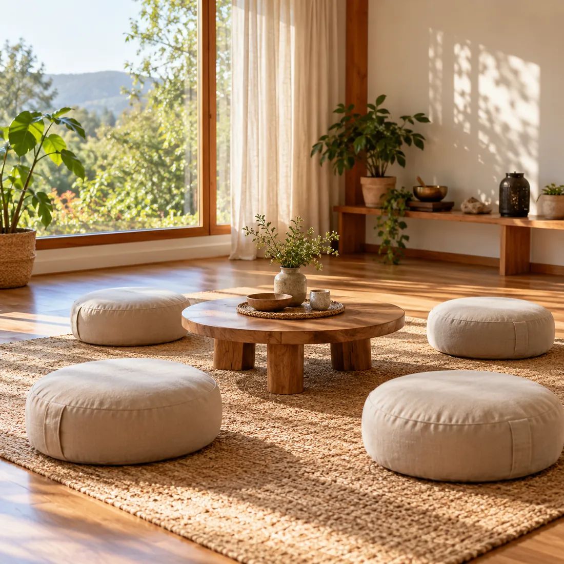 Ronda de almohadones alrededor de una mesa baja con té, frente a un ventanal