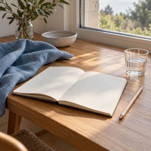 Cuaderno abierto, lápiz y vaso de agua junto a una ventana