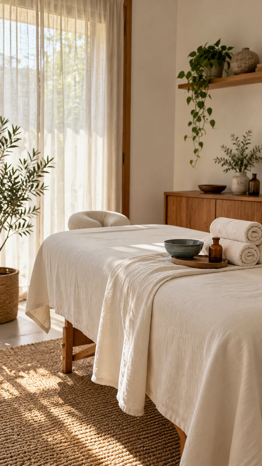 Sala de terapias con camilla, toallas enrolladas y plantas junto a la ventana