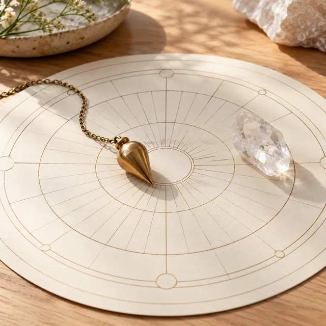 Mesa radiónica con péndulo dorado y cuarzo sobre una mesa de madera
