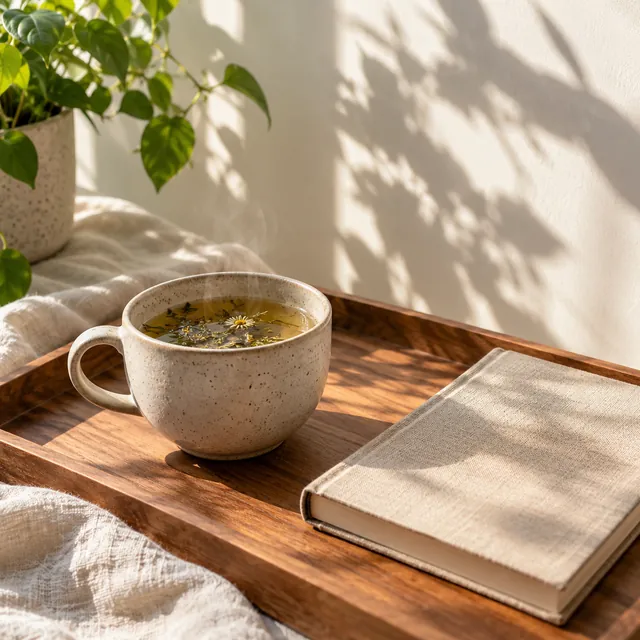 Taza de té de hierbas y libro sobre una bandeja de madera