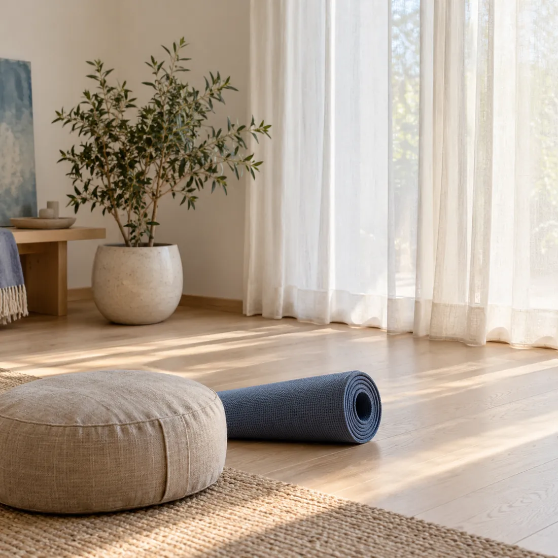 Sala de práctica con almohadón de meditación, mat azul y cortinas livianas